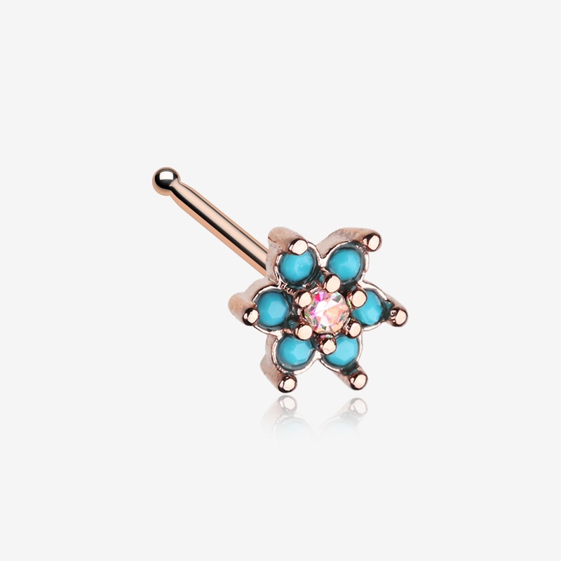 Rose Gold Spring Flower Turquoise Sparkle Nose Stud Ring