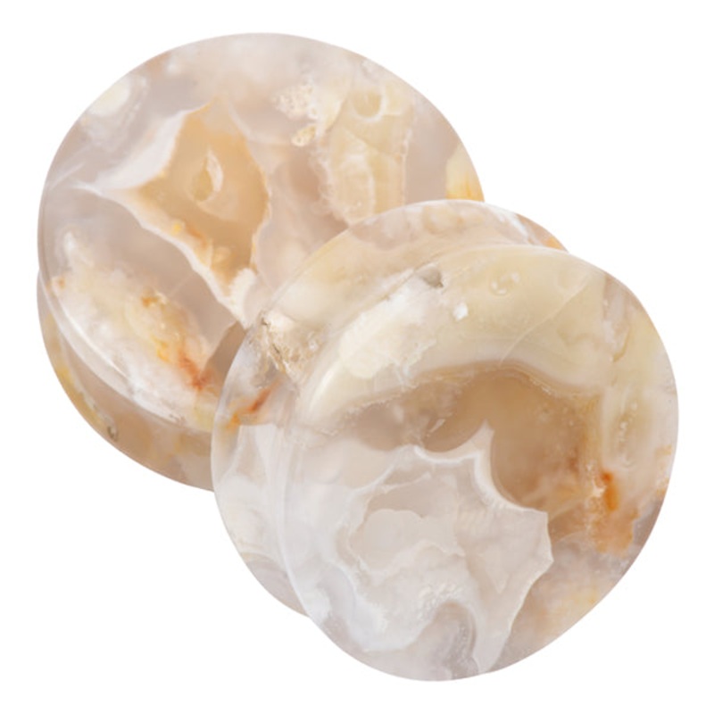 White Plume Agate Plugs 00 gauge (10mm) White Plume Agate
