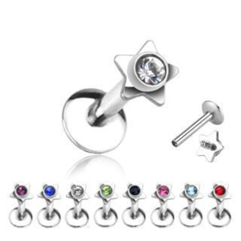 16g Star CZ Stainless Labret 16g – 5/16″ long (8mm) Aqua Stainless Steel