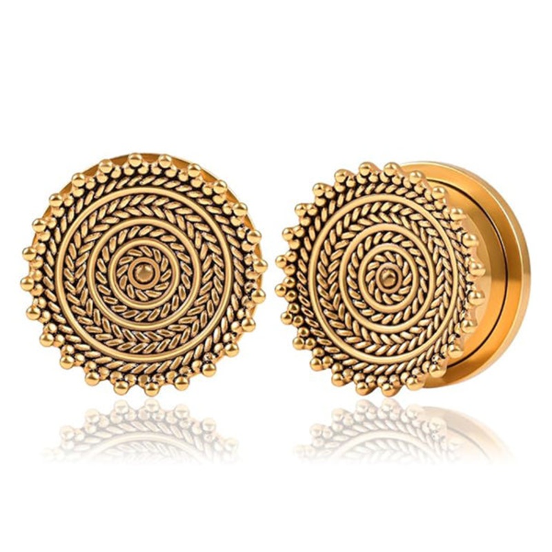 Beaded Gold Screw-On Plugs 0 gauge (8mm) Gold Pair