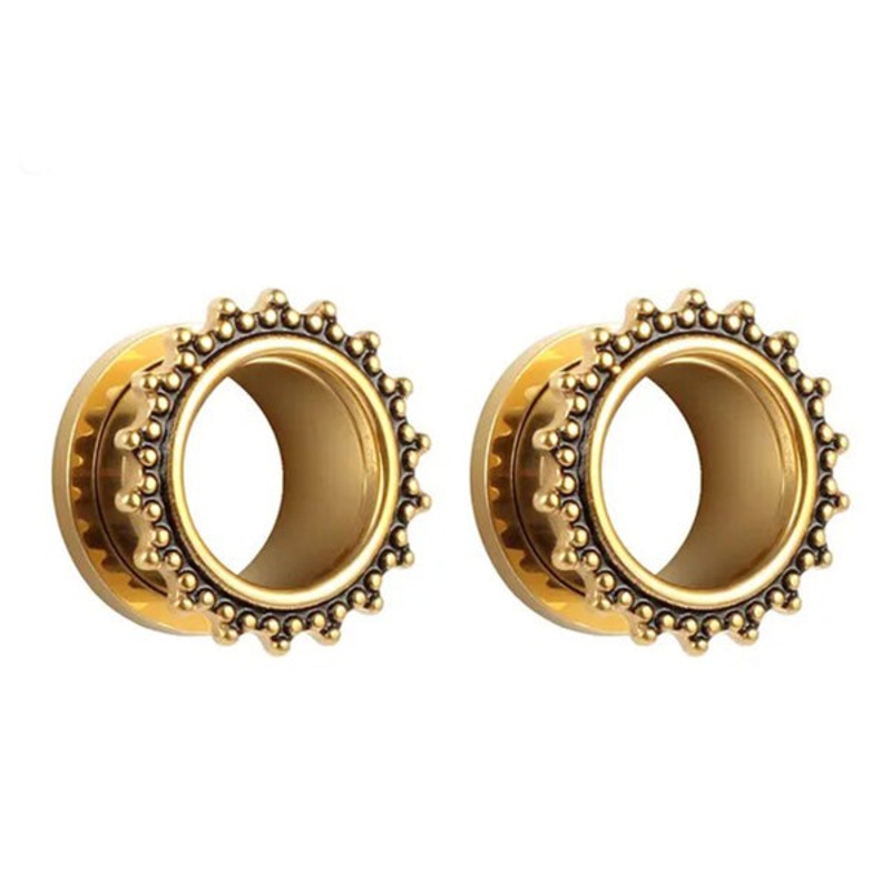 Beaded Gold Screw-On Tunnels 2 gauge (6mm) Gold Pair
