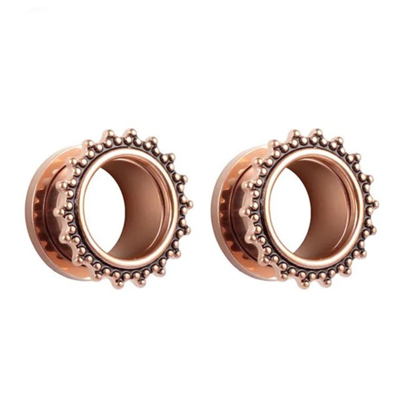 Beaded Rose Gold Screw-On Tunnels 2 gauge (6mm) Rose Gold Pair