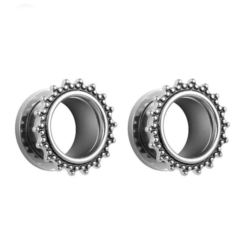 Beaded Stainless Screw-On Tunnels 2 gauge (6mm) Stainless Steel Pair