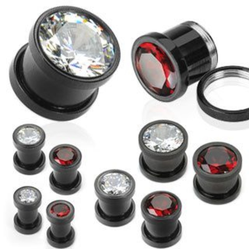 Bezel CZ Black Screw-On Plugs 2 gauge (6mm) Clear Pair