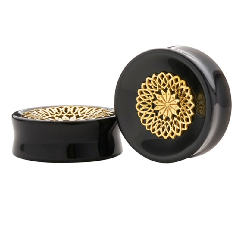 Black Obsidian Mandala Inlay Plugs 3/4 inch (19mm) Black Obsidian