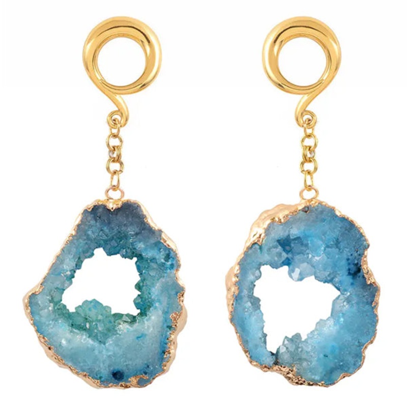 Blue Geode Slice Gold Hangers 0 gauge (8mm) Blue