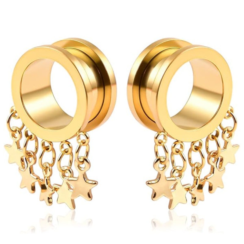 Star Dangles Gold Screw-On Tunnels 2 gauge (6mm) Gold Pair
