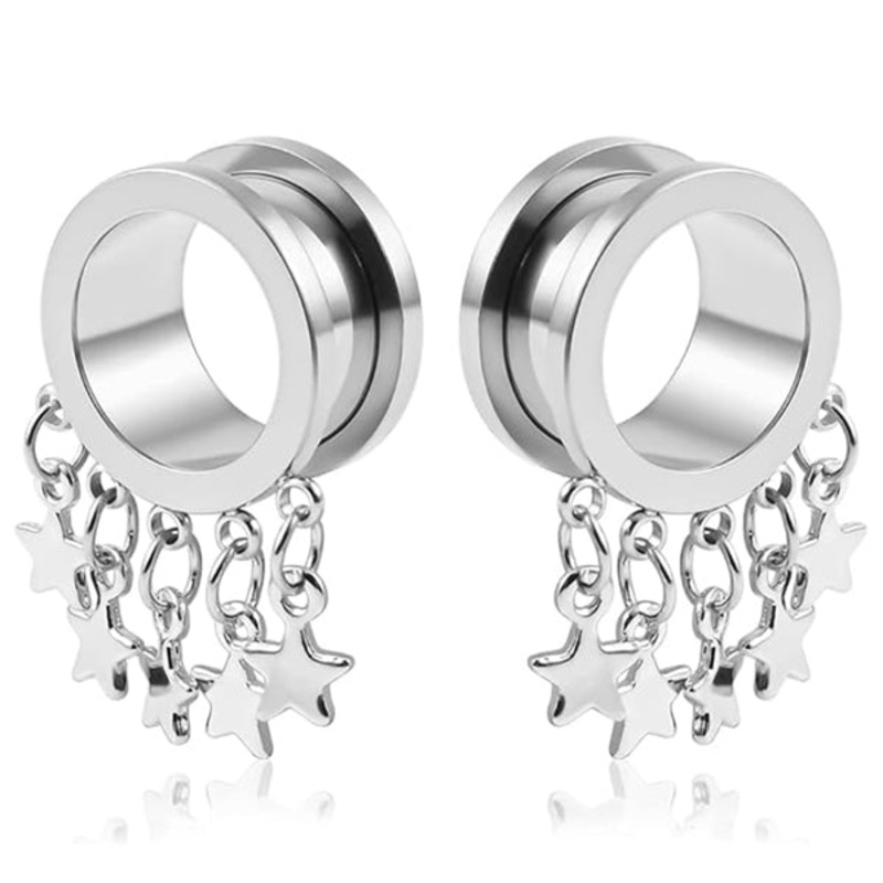 Star Dangles Stainless Screw-On Tunnels 2 gauge (6mm) Stainless Steel Pair