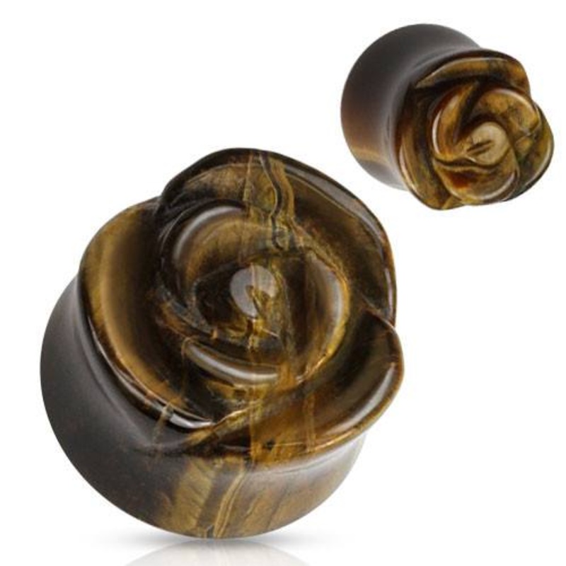 Tiger Eye Rose Plugs 2 gauge (6mm) Tiger Eye Pair