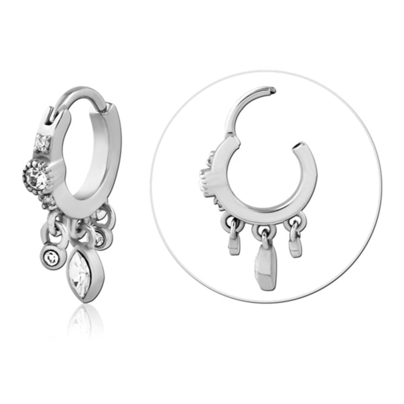 3-Dangle Hinged Clicker 18g – 5/16″ diameter (8mm) Clear Stainless Steel