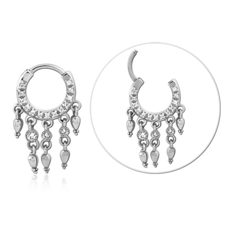 5-Dangle Hinged Clicker 18g – 5/16″ diameter (8mm) Clear Stainless Steel