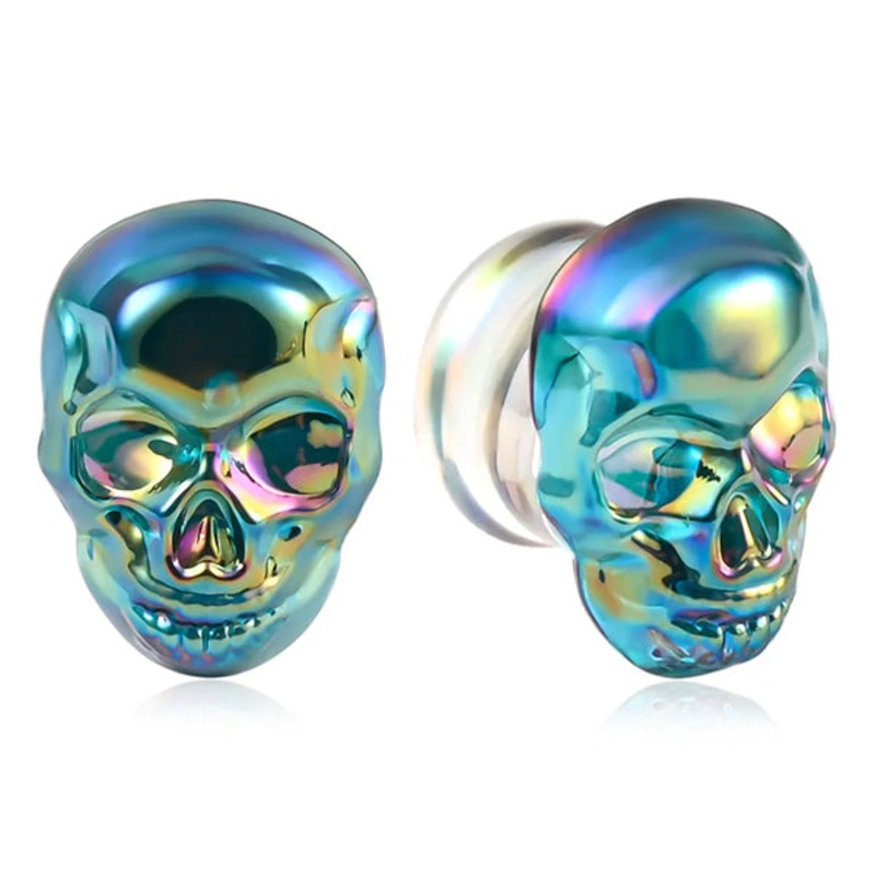 Blue Iridescent Glass Skull Plugs 2 gauge (6mm) Blue Iridescent Pair