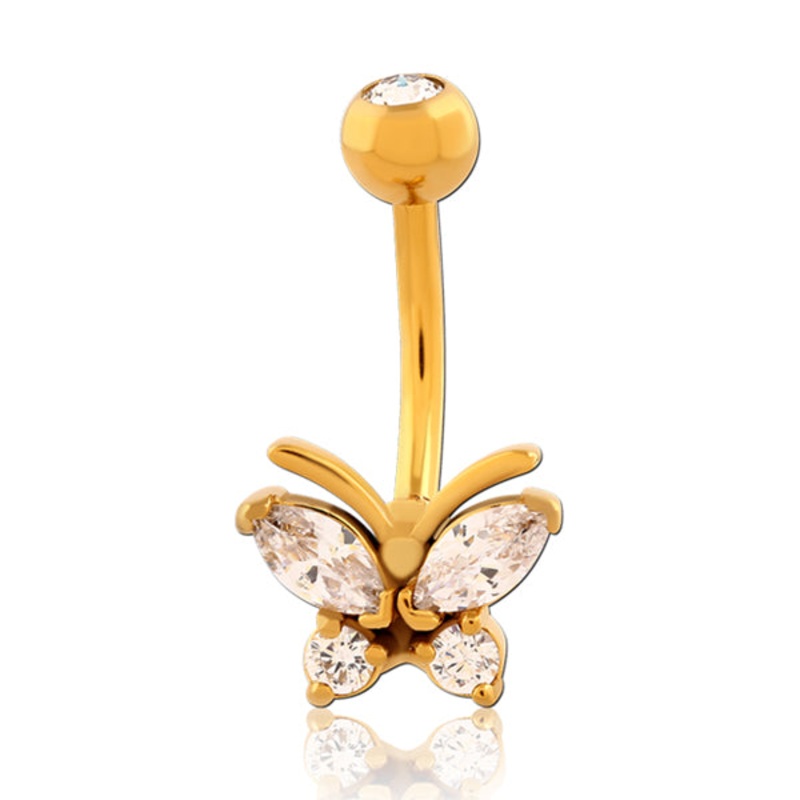 Butterfly CZ Gold Belly Ring 14g – 3/8″ long (10mm) Clear Gold Stainless