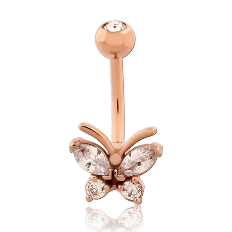 Butterfly CZ Rose Gold Belly Ring 14g – 3/8″ long (10mm) Clear Rose Gold Stainless