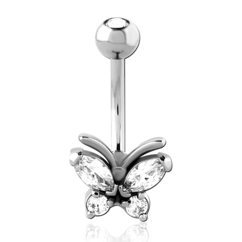 Butterfly CZ Stainless Belly Ring 14g – 3/8″ long (10mm) Clear Stainless Steel