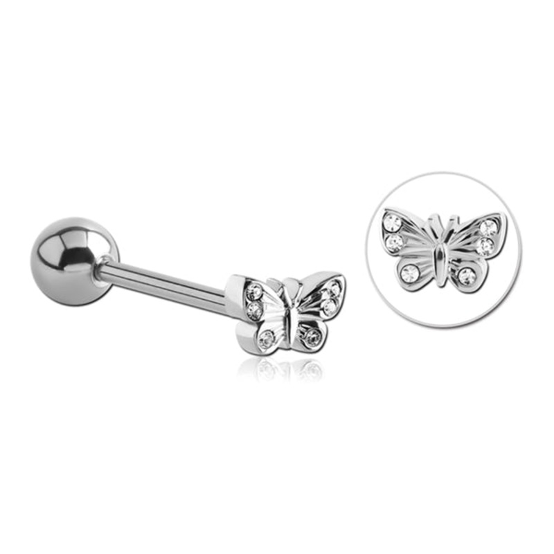 Butterfly CZ Stainless Tongue Barbell 14g – 5/8″ long (16mm) Stainless Steel
