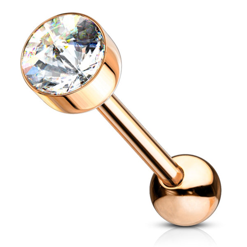 CZ Cup Rose Gold Tongue Barbell 14 gauge – 5/8″ long (16mm) Clear Rose Gold Stainless