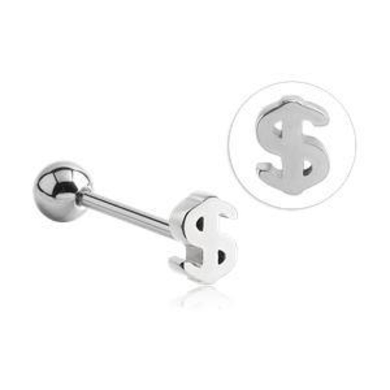 Dollar Sign Stainless Tongue Barbell 14g – 5/8″ long (16mm) Stainless Steel