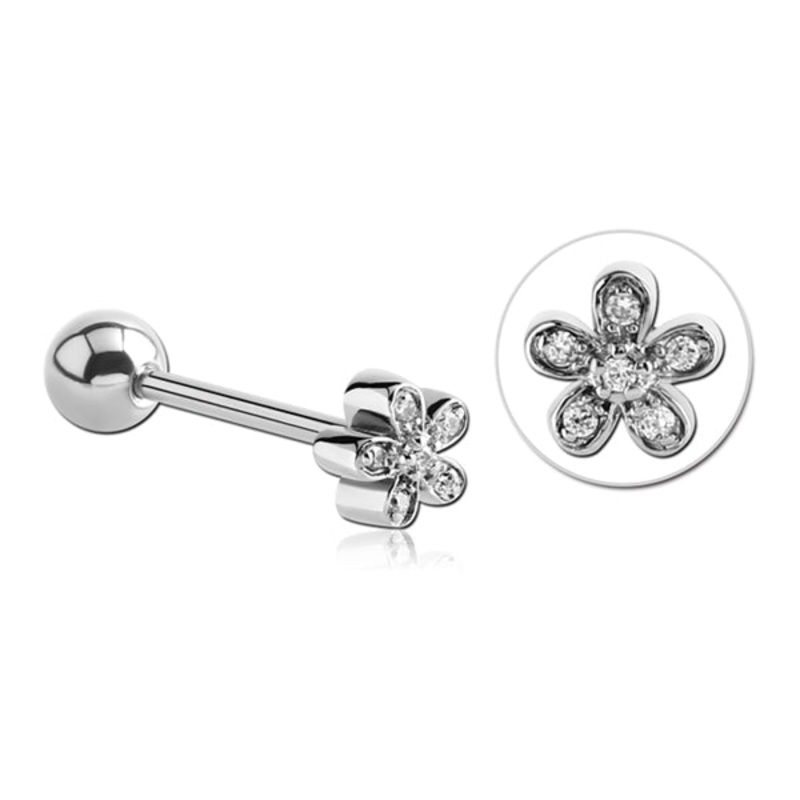 Flower CZ Stainless Tongue Barbell 14g – 5/8″ long (16mm) Stainless Steel