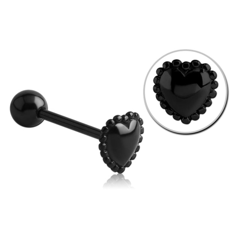 Milgrain Heart Black Tongue Barbell 14g – 5/8″ long (16mm) Black Stainless