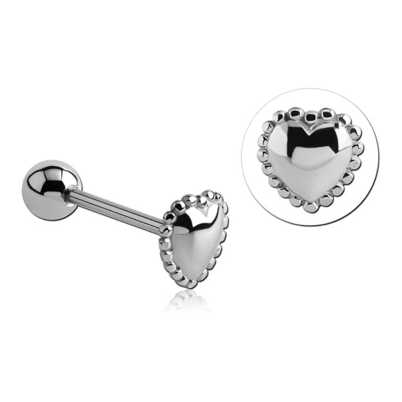 Milgrain Heart Stainless Tongue Barbell 14g – 5/8″ long (16mm) Stainless Steel