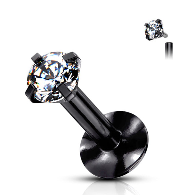16g Prong-set CZ Black Titanium Labret 16g – 1/4″ long (6mm) – 3mm cz Clear Black Titanium