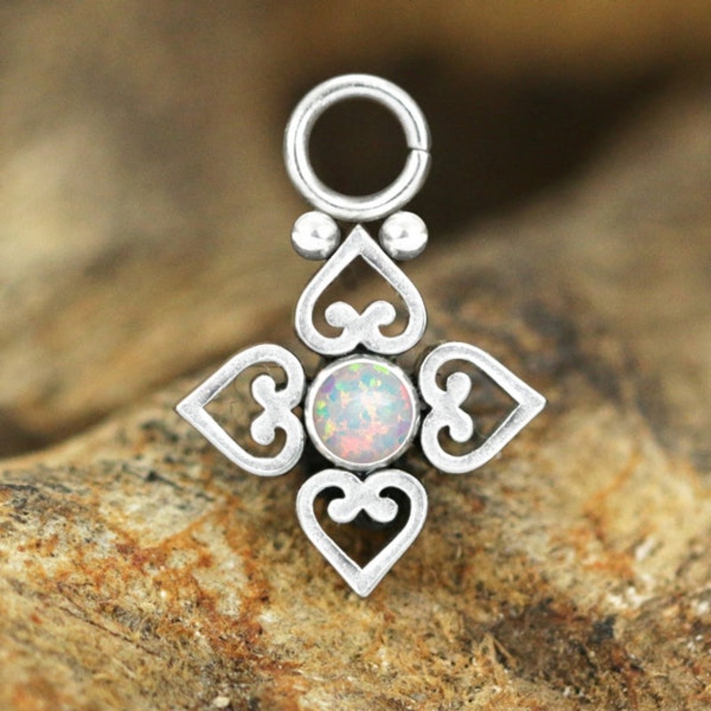 Bali Heart Opal Stainless Charm 12x9mm White Stainless Steel