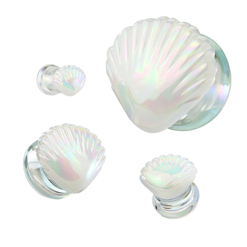 White Iridescent Seashell Plugs 2 gauge (6mm) White Pair