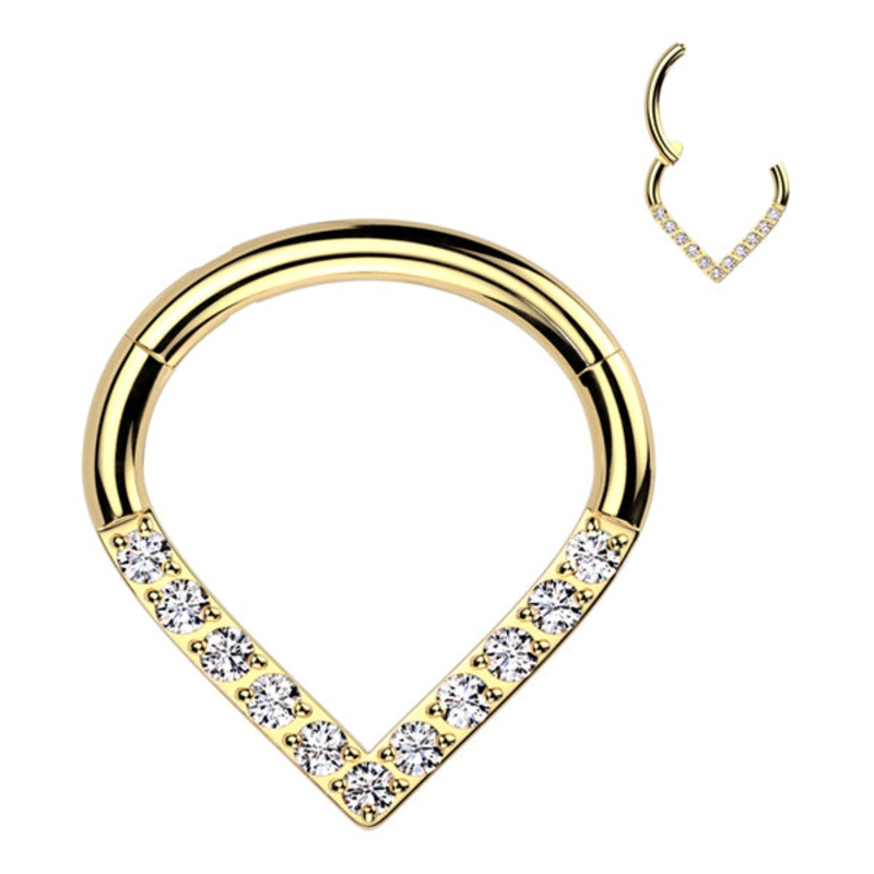 CZ Face V-Shape Gold Titanium Hinged Ring 16g – 5/16″ diameter (8mm) Clear Gold Titanium