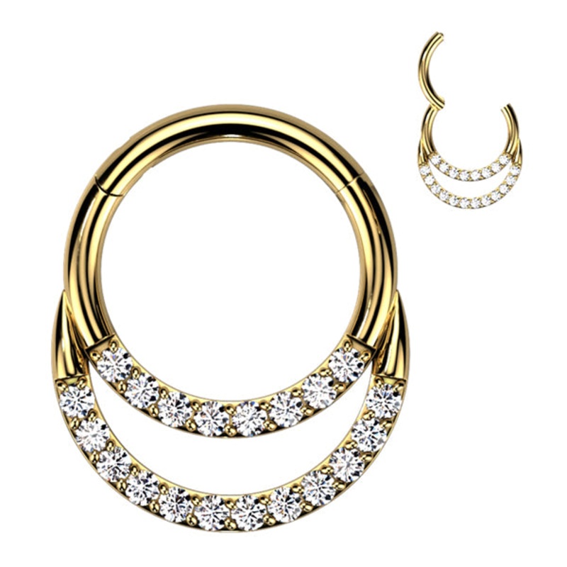 Double Face CZ Gold Titanium Hinged Ring 16g – 5/16″ diameter (8mm) Clear Gold Titanium