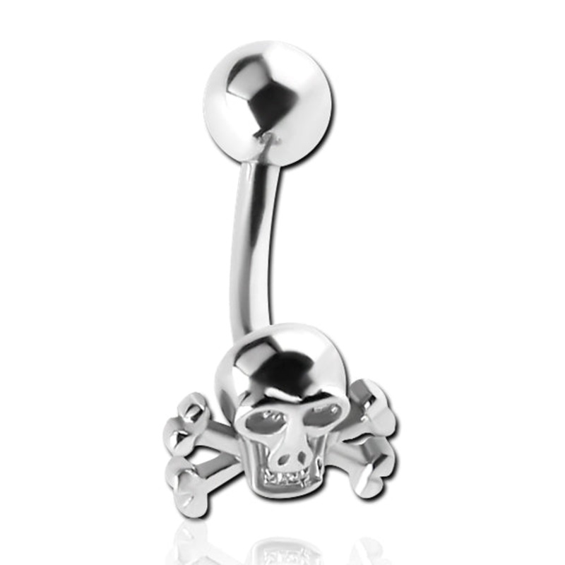 Skull & Crossbones Stainless Belly Barbell 14g – 3/8″ long (10mm) Stainless Steel