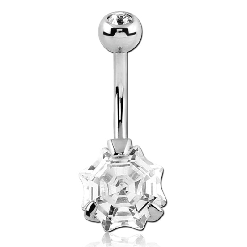 Web CZ Stainless Belly Barbell 14g – 3/8″ long (10mm) Clear Stainless Steel