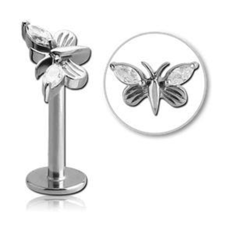 16g CZ Butterfly Stainless Labret 16g – 5/16″ long (8mm) Clear Stainless Steel
