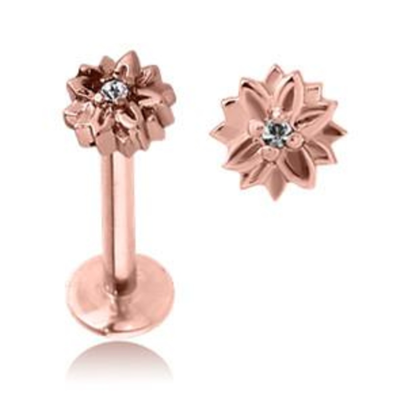 16g CZ Flower Rose Gold Labret 16g – 5/16″ long (8mm) Clear Rose Gold Stainless