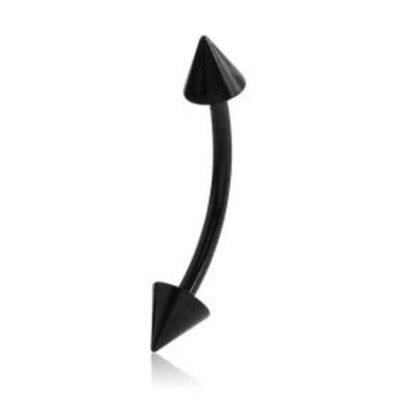 16g Spiked Black Titanium Curved Barbell 16g – 1/4″ long (6mm) – 3mm cones Black Titanium