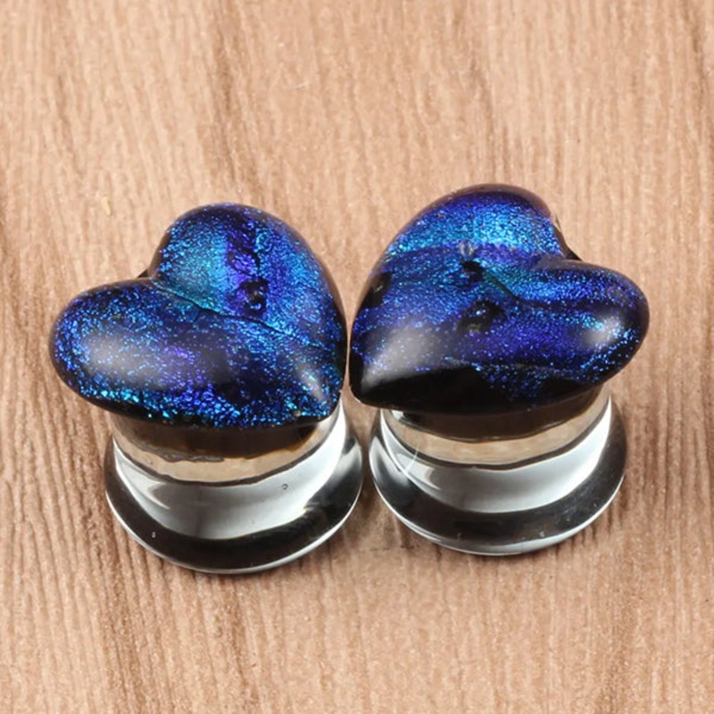 Blue Dichroic Heart Plugs 0 gauge (8mm) Blue Pair