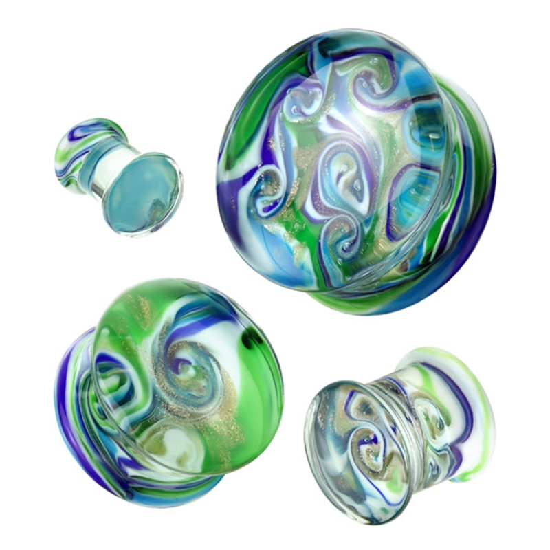 Blue/Green Swirl Glass Plugs 2 gauge (6mm) Blue/Green Pair