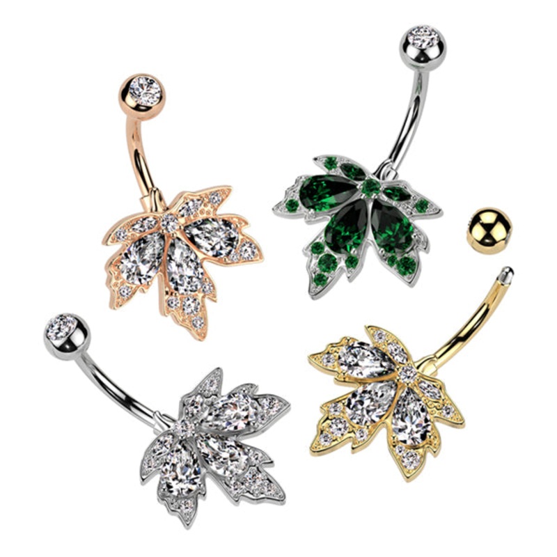 Cannabis CZ Belly Ring 14g – 3/8″ long (10mm) Clear Gold Stainless