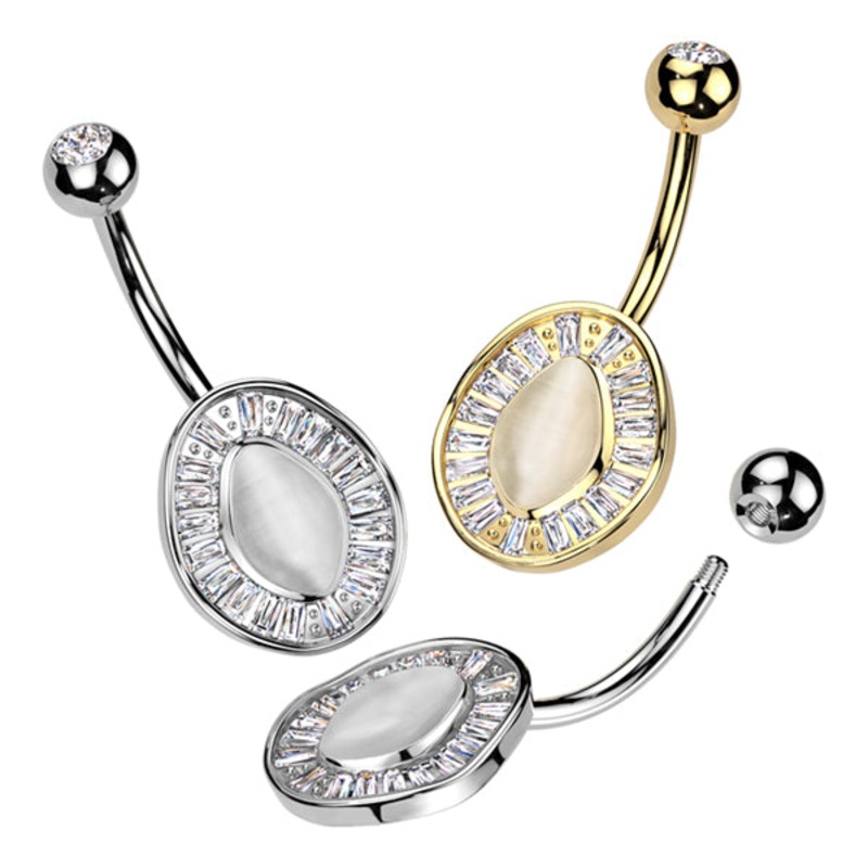 Cats Eye Baguette Belly Ring 14g – 3/8″ long (10mm) Clear Gold Stainless