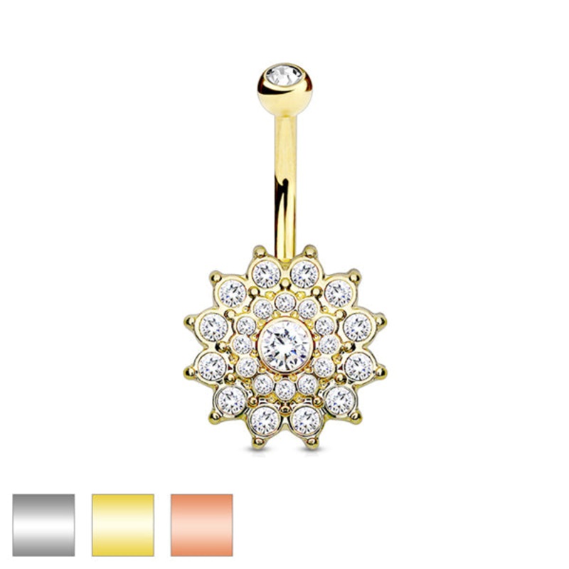 Crystal Dahlia Belly Ring 14g – 3/8″ long (10mm) Clear Gold Stainless