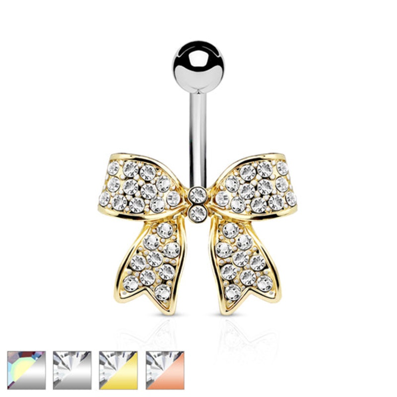 CZ Bow Belly Ring 14g – 3/8″ long (10mm) Clear Gold Stainless