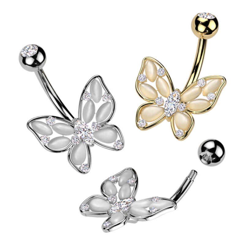 CZ Butterfly Belly Ring 14g – 3/8″ long (10mm) Clear Gold Stainless