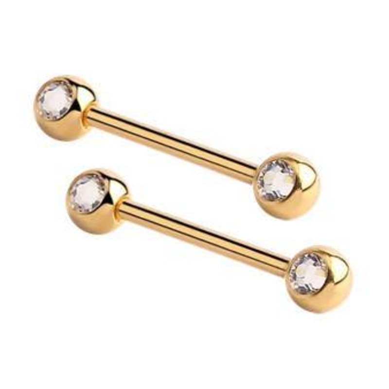 CZ Gold Nipple Barbells 14g – 15/32″ long (12mm) – 5mm balls Clear Gold Stainless