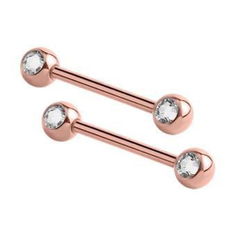 CZ Rose Gold Nipple Barbells 14g – 15/32″ long (12mm) – 5mm balls Clear Rose Gold Stainless