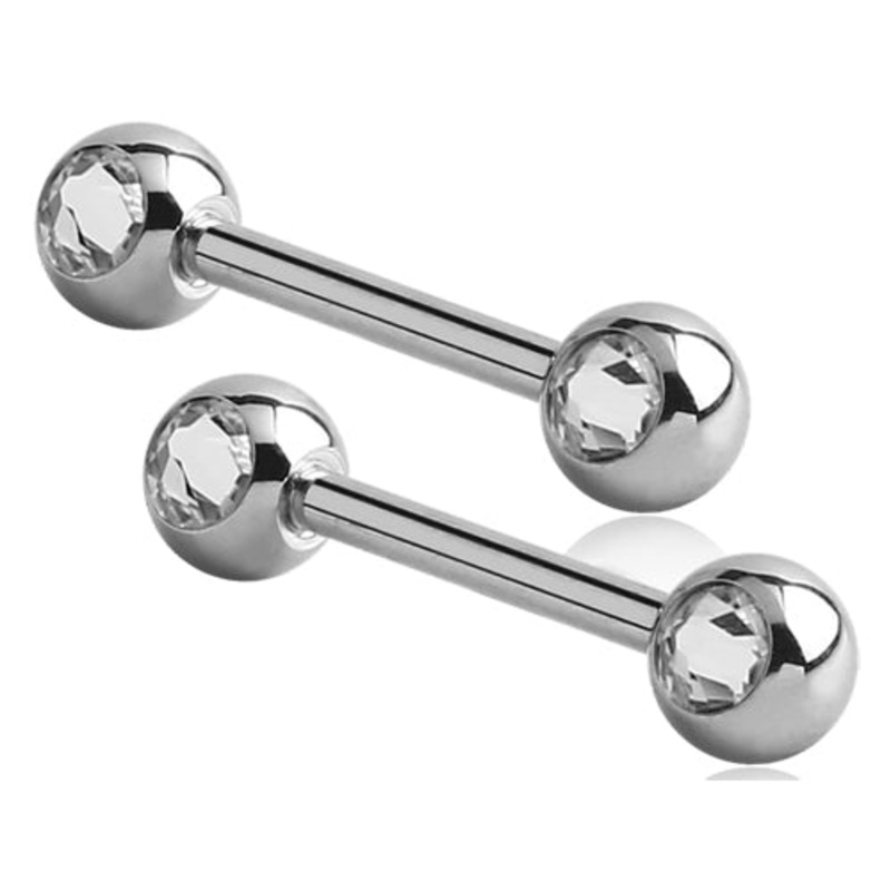 CZ Stainless Nipple Barbells 14g – 3/8″ long (10mm) – 5mm balls Clear Stainless Steel