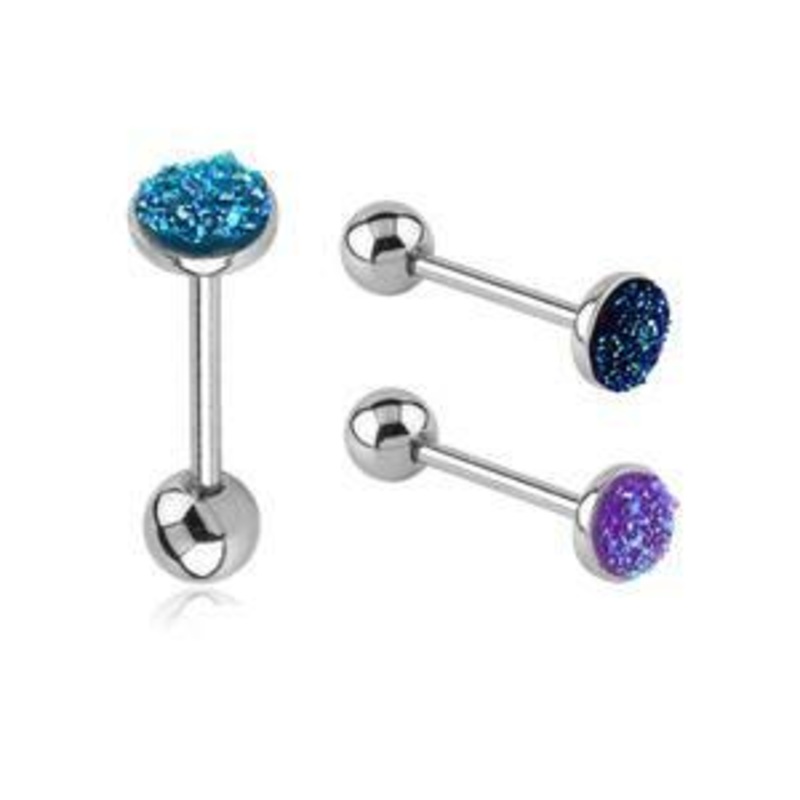 Druzy Stainless Tongue Barbell 14g – 5/8″ long (16mm) Amethyst