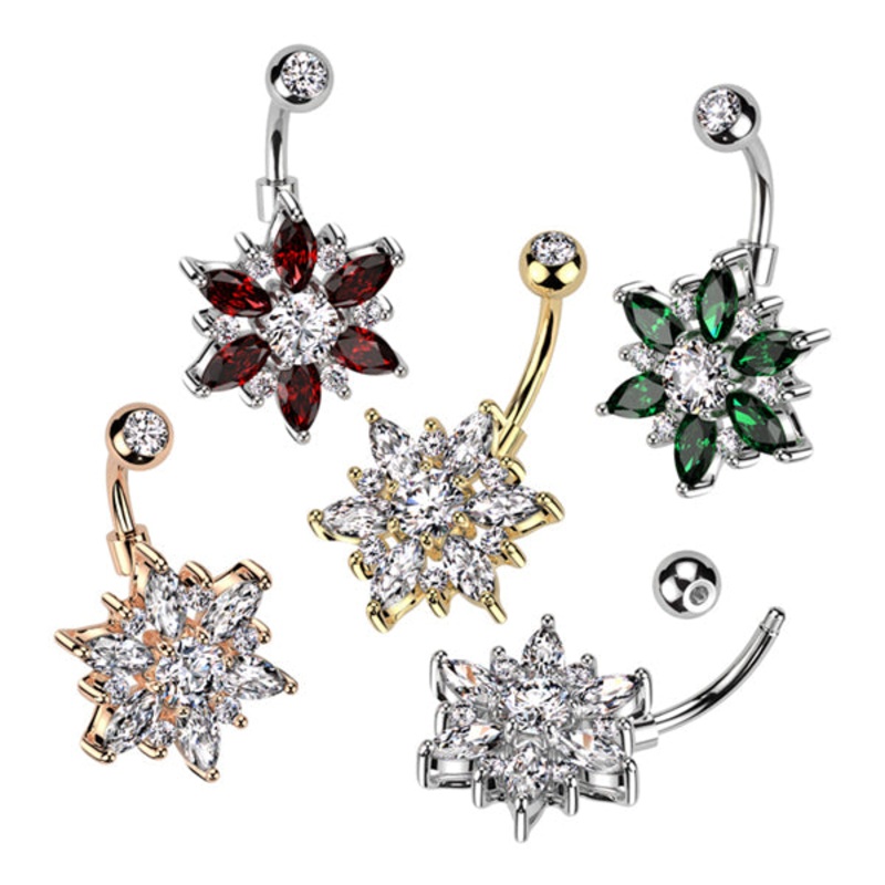 Marquise Flower Belly Ring 14g – 3/8″ long (10mm) Clear Gold Stainless