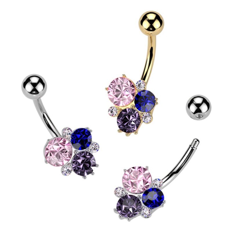 Mixed Cluster Belly Ring 14g – 3/8″ long (10mm) Pink/Purple/Blue Gold Stainless