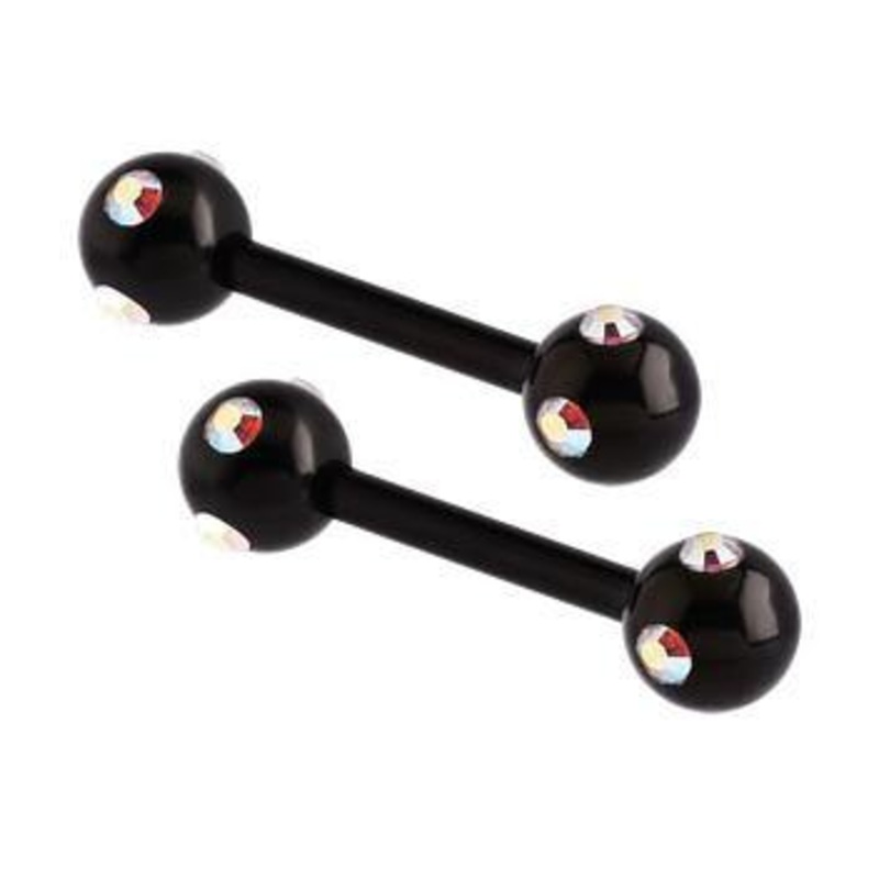 Multi-CZ Black Nipple Barbells 14g – 15/32″ long (12mm) Aurora Borealis Black Stainless