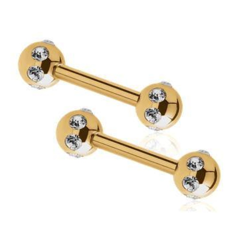 Multi-CZ Gold Nipple Barbells 14g – 9/16″ long (14mm) Clear Gold Stainless